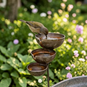 Rustic Triple Garden Rain Catcher Stake, Metal Bird Bath Style Bowl Decor