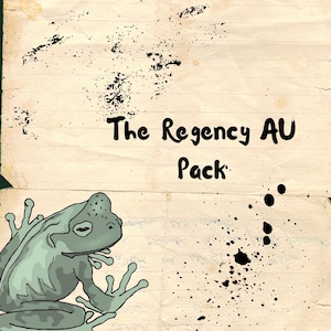 Puede incluir: Ilustración sobre papel envejecido con una rana verde estilizada y el texto "The Regency AU Pack" en negro. El fondo tiene salpicaduras de tinta y una estética vintage.