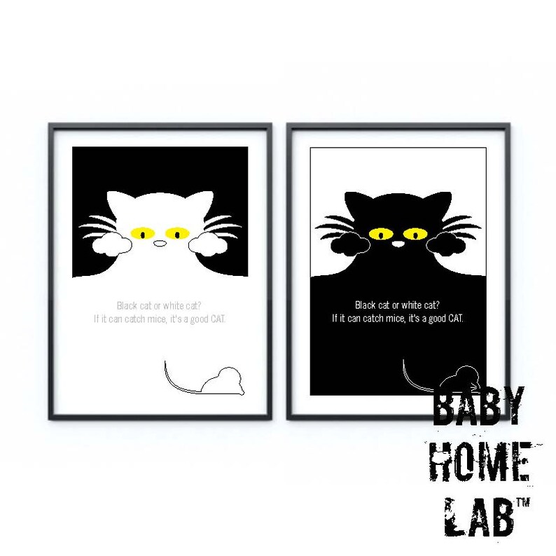 Black Cat or White Cat Catch Mice Handmade Art Wall Animal Etsy