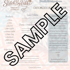 May include: Customization request form from Stitch By Vikki, featuring a list of products like purses, wallets, and blankets. The form includes sections for color palettes, theme, size, and budget, with a large "SAMPLE" overlay.