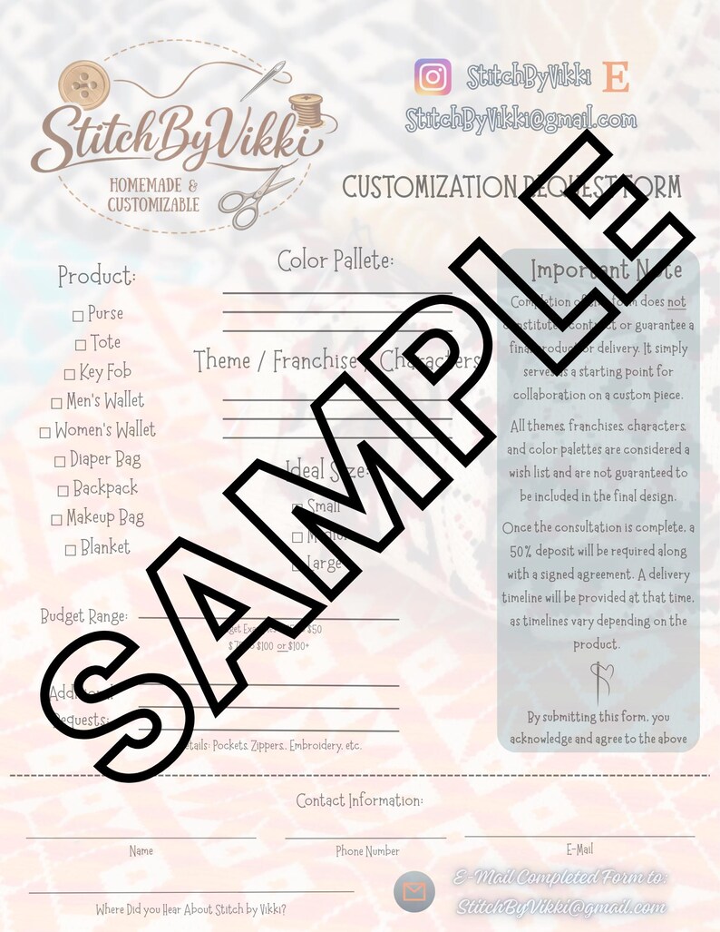 May include: Customization request form from Stitch By Vikki, featuring a list of products like purses, wallets, and blankets. The form includes sections for color palettes, theme, size, and budget, with a large "SAMPLE" overlay.