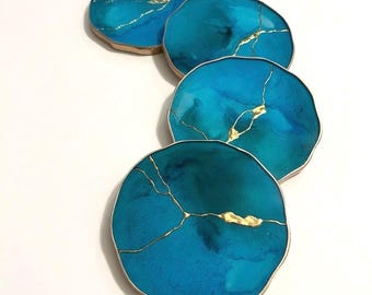 Turquoise Blue Kintsugi Resin Coasters, Gold Leaf Drink Coasters, Housewarming Gift