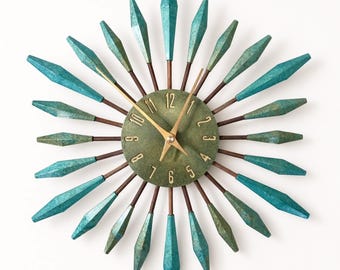 13" Marble Epoxy Resin Sunburst Clock | Mid-Century Modern | Walnut Wood | Gold Hands
