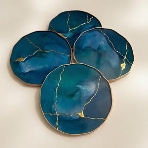 Kintsugi Resin Coasters – Teal Blue and Gold Epoxy Drink Set- Wabi-Sabi - Marble Effect