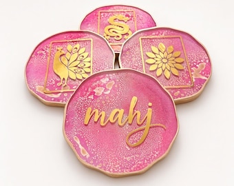 Mahjong tile game Coasters- Bird, Dragon, Flower, Mahj. Pink Gift Set, Gold Accent