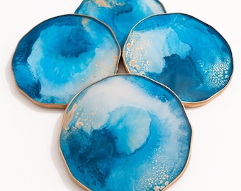 Handmade Teal Gold Epoxy Resin Coasters, Gilded Edge, Wabi Sabi Drinkware, Coastal Beach Home