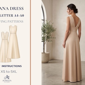 Puede incluir: La imagen muestra un vestido Ivana beige. El texto a la izquierda dice "IVANA DRESS, US LETTER A4-A0, SEWING PATTERNS, PDF INSTRUCTIONS, XS to 5XL". Una mujer modela el vestido, que tiene cuello en V y falda fluida. El vestido es de color neutro.