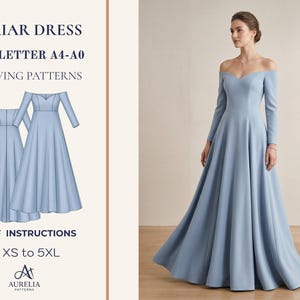 Può includere: Un abito Briar azzurro con scollatura a spalle scoperte e maniche lunghe. L'immagine include un disegno dell'abito e il testo "BRIAR DRESS", "US LETTER A4-A0", "SEWING PATTERNS", "PDF INSTRUCTIONS" e "XS to 5XL".