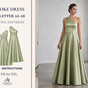 May include: A sage green one-shoulder Evoke dress. The image shows a woman wearing the dress, and a pattern illustration. The text on the image reads "EVOKE DRESS, US LETTER A4-A0, SEWING PATTERNS, PDF INSTRUCTIONS, XS to 5XL."