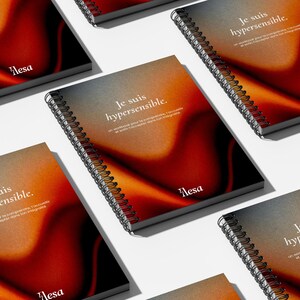Può includere: Diversi quaderni a spirale con copertine con una sfumatura di arancione e marrone. Il testo "Je suis hypersensible" è visualizzato in bianco, insieme al marchio "Wesa". I quaderni sono disposti su una superficie bianca.