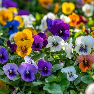May include: A close-up shot of a bed of pansies in various colours. The flowers are in full bloom, with shades of yellow, purple, white, and orange. The petals have a soft texture, and the green leaves provide a lush background.