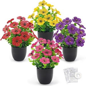 May include: Four small potted plants with colorful flowers in red, yellow, pink, and purple. Each plant is in a black pot. The flowers have green leaves. A small package of plant food is in the lower right corner.