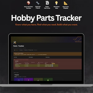 Può includere: Un laptop mostra un modello Notion "Hobby Parts Tracker". Lo schermo mostra un sistema di tracciamento delle parti con sezioni per progetti e parti. Il testo recita "Know what you have. Find what you need. Build what you want."