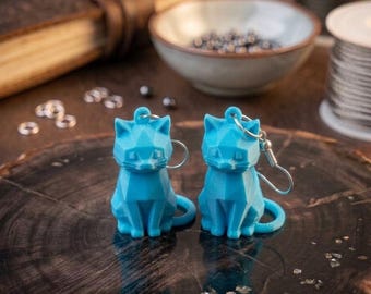 Handmade Cute Cat Earrings with 3D Printed Geometric Blue Cat