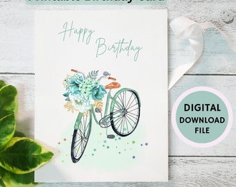 May include: Printable birthday card featuring a green bicycle with a basket of flowers and the text "Happy Birthday".