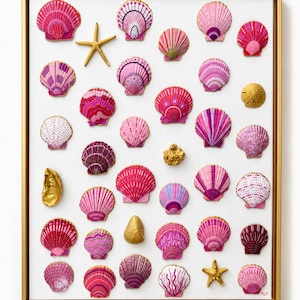 Cuadro decorativo de pared en lienzo pintado a mano con motivos de conchas marinas. Rosa y oro. Decoración costera para casa de playa. Regalo ideal para inauguración de casa. Habitación infantil con temática costera para niña.