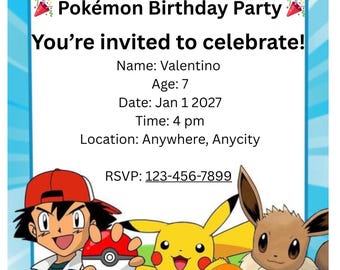 Redigerbar mall för Pokémon-födelsedagsinbjudan