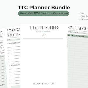 Può includere: Un pacchetto di pianificatore TTC con un design minimalista. L'immagine mostra diverse pagine, tra cui un rilevatore di sintomi, un diario di due settimane e un rilevatore di ovulazione. Il testo include "PDF stampabile | Download istantaneo" e "A4, 10+ pagine, design minimalista."