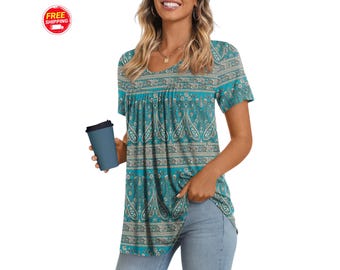 Womens Pleated Tunic Top Short Sleeve Casual Blouse Loose Fit Rayon Tee S-4XL Summer