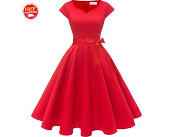 1950s Vintage Swing Dress Women Retro Cocktail Party Cap Sleeve A-Line Hepburn Style