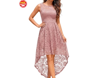 Womens Floral Lace Hi-Lo Prom Dress Cocktail Wedding Guest Graduation Dress for Teens