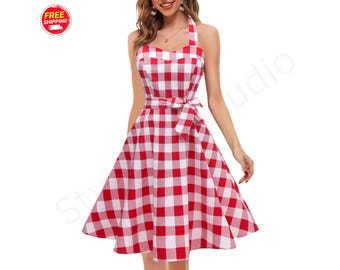 Abito da donna anni '50 a pois con scollo all'americana, stile vintage Audrey Hepburn, abito da cocktail retrò a trapezio