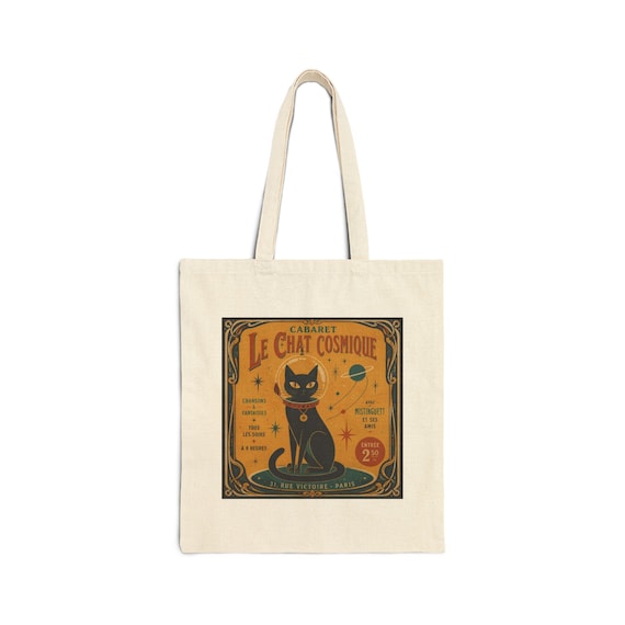 Le Chat Noir Cosmic Cat Tote Bag | Vintage French Cabaret Poster | Mid Century Modern Space Cat | Canvas Book Bag | Black Cat Gift | 15"x16"