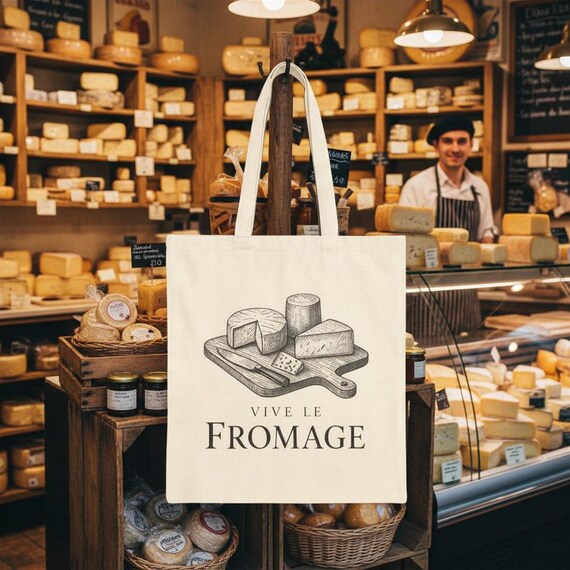 Vive le Fromage Tote Bag | French Cheese Lover Canvas Grocery Bag | Personalizable
