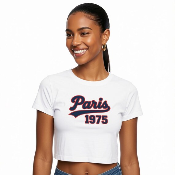 Paris 1975 Baby Crop Tee | Vintage Varsity Crop Top | French Collegiate Aesthetic Shirt | Retro Fitted Tee | Organic Cotton Paris Lover Gift