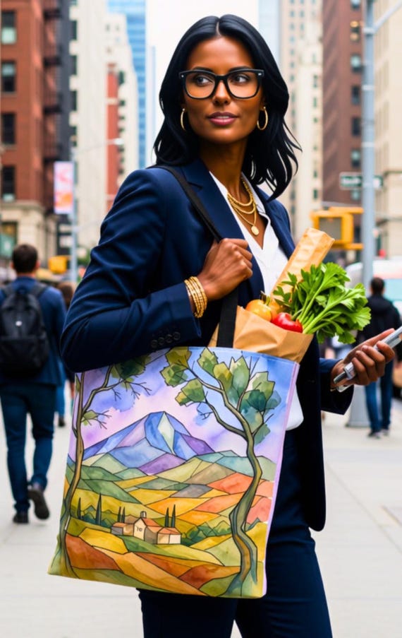 Provence Landscape Tote Bag | Stained Glass Mountain Art | Cézanne Inspired French Countryside | Watercolor Canvas Book Bag