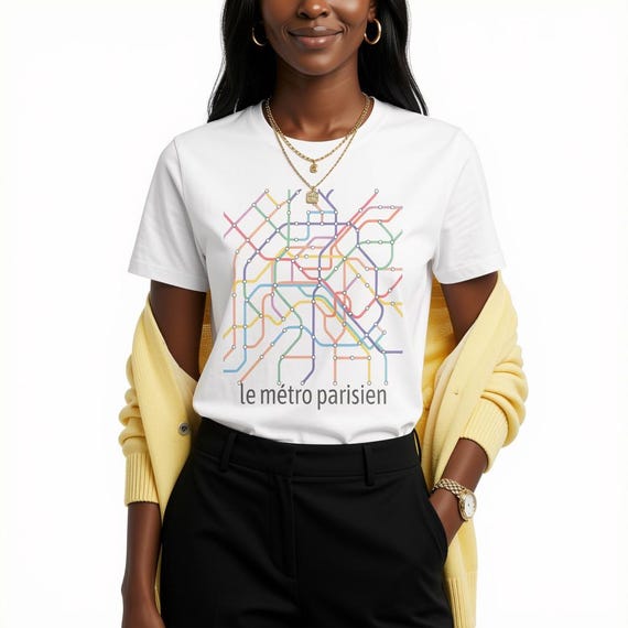 Le Métro Parisien T-Shirt | Paris Subway Map Graphic | Pastel Transit Map Shirt | Organic Cotton French Aesthetic Top | Gift for Francophile
