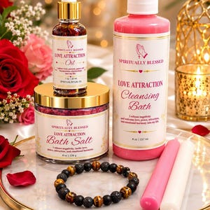 May include: A collection of Spiritually Blessed products including a 1 oz Love Attraction oil, an 8 oz Love Attraction bath salt jar, an 8 oz Love Attraction cleansing bath bottle, a beaded bracelet with black and tiger eye stones, and two candles.