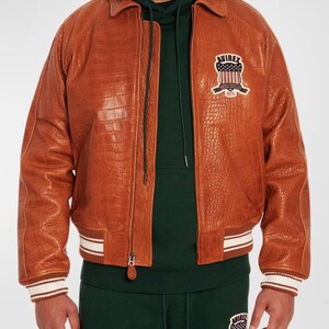 Avirex USA Limited Edition Croc Icon Leather Jacket Brown Varsity Bomber Jacket Cafe Racer Jacket Motorcycle Biker Jacket Gift for Him/Her image 3