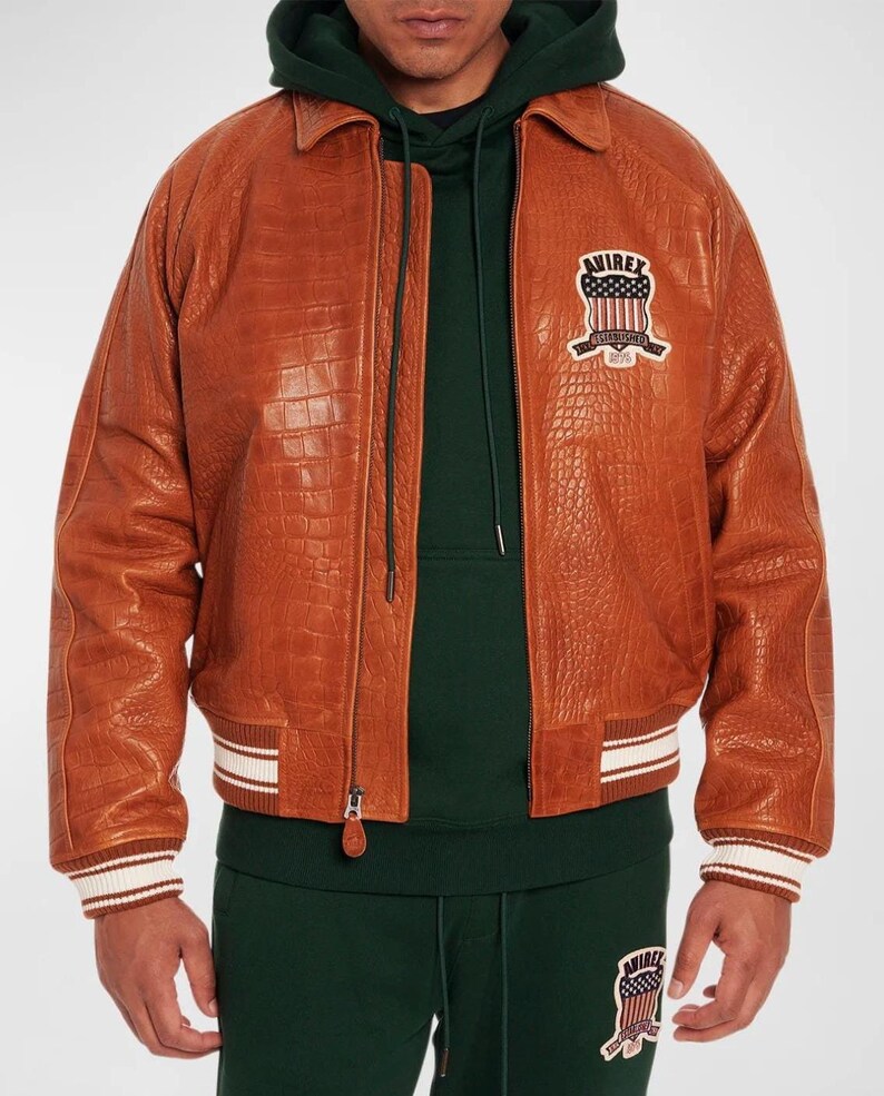 Avirex USA Limited Edition Croc Icon Leather Jacket Brown Varsity Bomber Jacket Cafe Racer Jacket Motorcycle Biker Jacket Gift for Him/Her image 3
