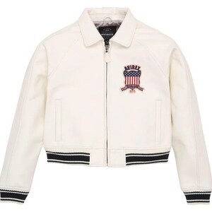 May include: An off-white bomber jacket with a classic collar, a full-length front zipper, and long sleeves. The chest features an embroidered patch with the text AVIREX and a flag design. The hem and cuffs have black and white striped ribbed trim.