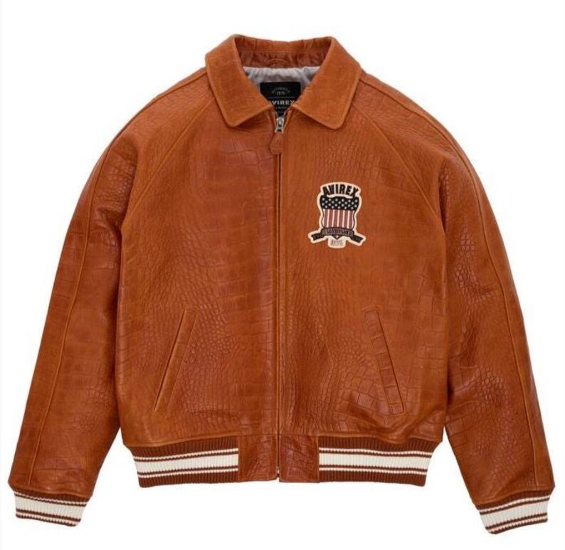 Avirex USA Limited Edition Croc Icon Leather Jacket Brown Varsity Bomber Jacket Cafe Racer Jacket Motorcycle Biker Jacket Gift for Him/Her image 2