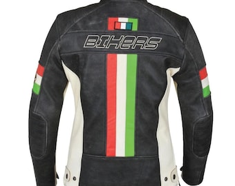 Zwart leren dames bikerjack met strepen Italiaanse vlag – Slim-fit motorrijjack met bescherming Cadeau voor haar