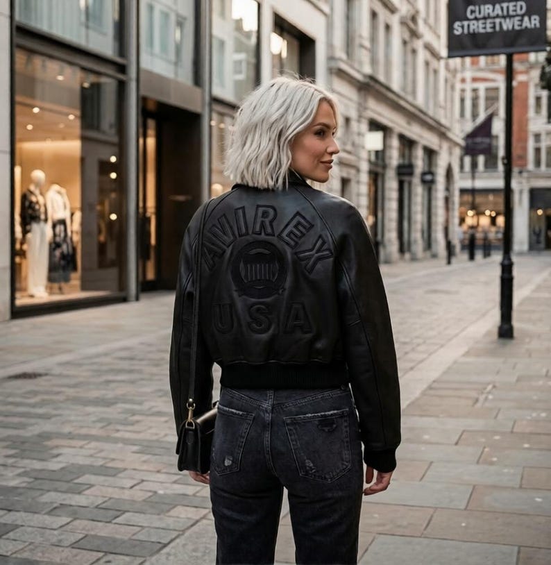 May include: A black leather bomber jacket featuring the embossed text AVIREX USA on the back. The jacket has a ribbed hem and cuffs, paired with dark grey denim jeans. A black shoulder bag with a gold-toned metal strap attachment is visible.