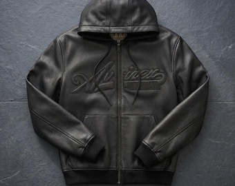 Black Avirex Hoodied USA Style Bomber Genuine Cowhide Leather Jacket Varsity Cafe Racer Jacket Motorcycle Jacket Gift for Him&Her