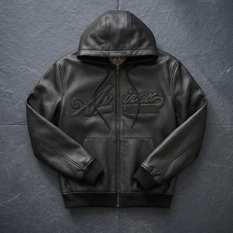 Schwarze Avirex Hoodied USA Style Bomber Echtes Rindsleder Lederjacke Varsity Cafe Racer Jacke Motorradjacke Geschenk für Sie & Ihn Bild 1