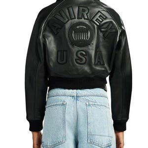 Black Avirex Cropped Bomber Leather Jacket Genuine Cowhide Varsity Motorcycle Jacket Quality Streetwear Trending Outerwear Gift for Her image 7