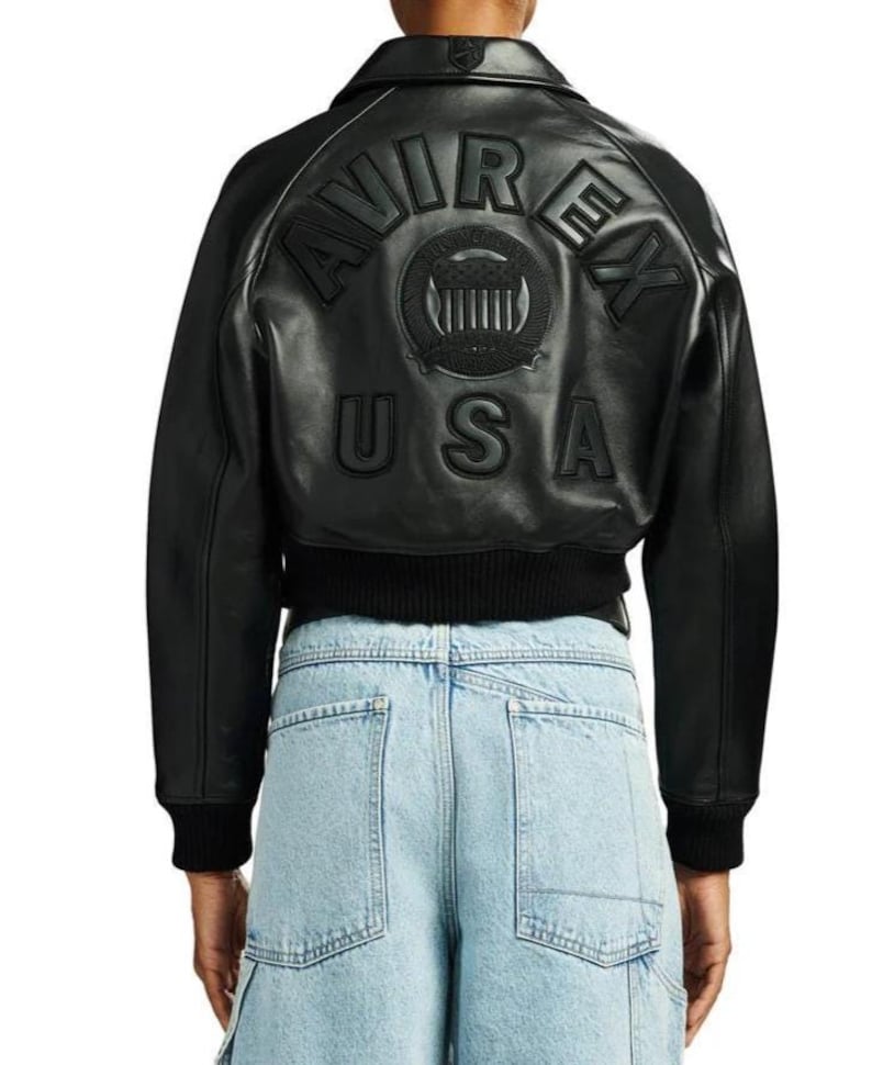 Black Avirex Cropped Bomber Leather Jacket Genuine Cowhide Varsity Motorcycle Jacket Quality Streetwear Trending Outerwear Gift for Her image 7