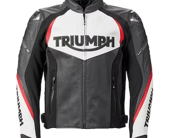Triumph Leather Motorcycle Jacket Men Genuine Cowhide Racing Biker Jacket Black White Red Riding Jacket Moto Gear Gift for Riders