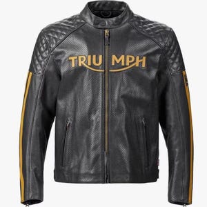 Könnte beinhalten: Eine schwarze Motorradjacke aus perforiertem Leder mit goldenem Triumph-Logo auf der Brust. Die Jacke verfügt über gesteppte Schulterpartien, einen zentralen Reißverschluss, einen Stehkragen mit Druckknopf und goldene Streifen an den Ärmeln.