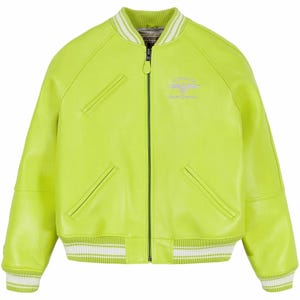 May include: A bright lime green bomber jacket featuring a front zipper closure, two slanted welt pockets, and a single chest pocket. The collar, cuffs, and hem are finished with white and green striped ribbed trim. A small silver logo is on the chest.