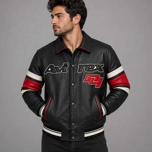 Avirex Racing Letterman Jacket Bomber Genuine Cowhide Leather Jacket Varsity Cafe Racer Jacket Motorcycle Jacket Streetwear Gift for Him image 1