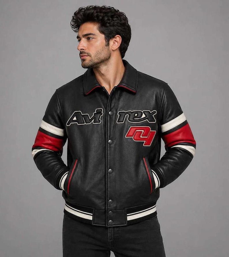 Avirex Racing Letterman Jacket Bomber Genuine Cowhide Leather Jacket Varsity Cafe Racer Jacket Motorcycle Jacket Streetwear Gift for Him image 1