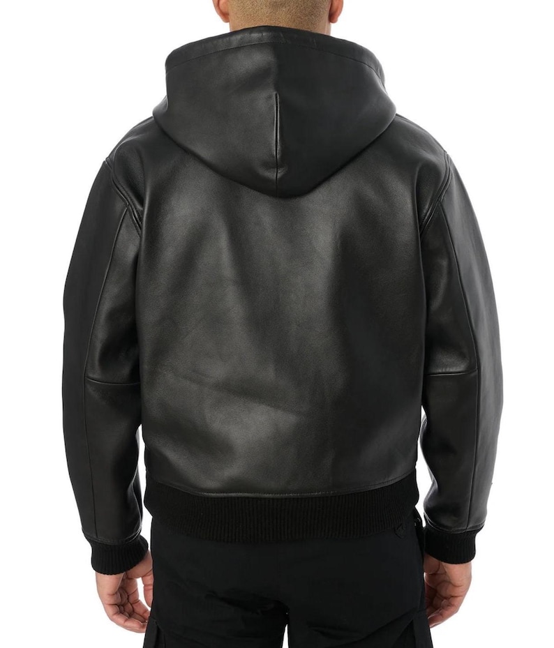 Schwarze Avirex Hoodied USA Style Bomber Echtes Rindsleder Lederjacke Varsity Cafe Racer Jacke Motorradjacke Geschenk für Sie & Ihn Bild 5