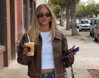 Handgemaakte bruine schapenvacht leren jas oversized jaren 90 retro stijl casual streetwear lichtgewicht jassen cadeau voor haar