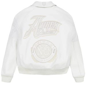 May include: A white leather bomber jacket featuring perforated side panels, a ribbed hem, and ribbed cuffs. The back displays embroidered tonal patches with the text AVIREX NEW YORK and a circular emblem containing the letters NYC and the words TRADE MARK.